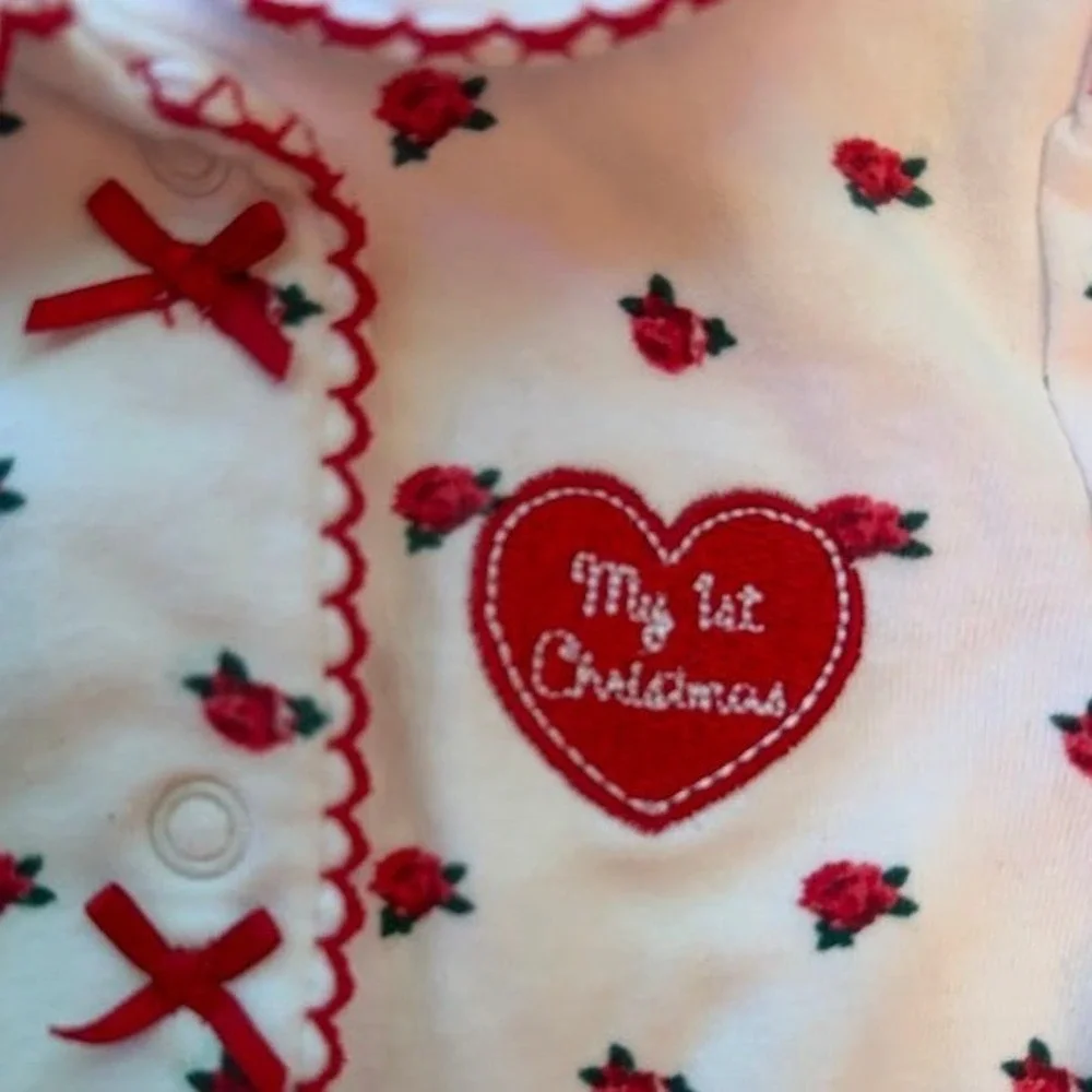 Little Me Baby Girls My 1st Christmas Rose Floral Footed Sleeper White Red 3M